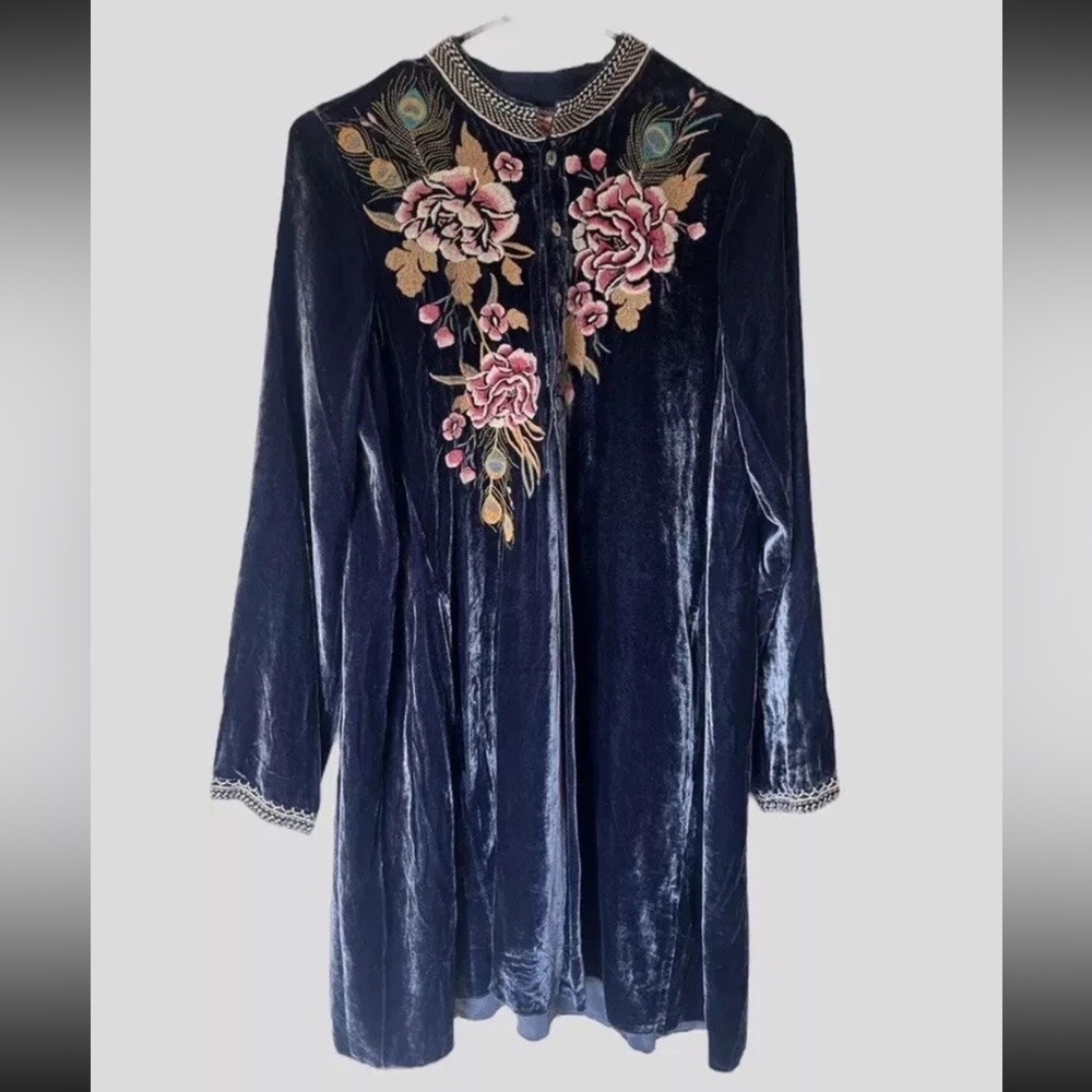 Johnny Was Velvet Embroidered Dress Navy Blue Floral Peacock Look Size XS